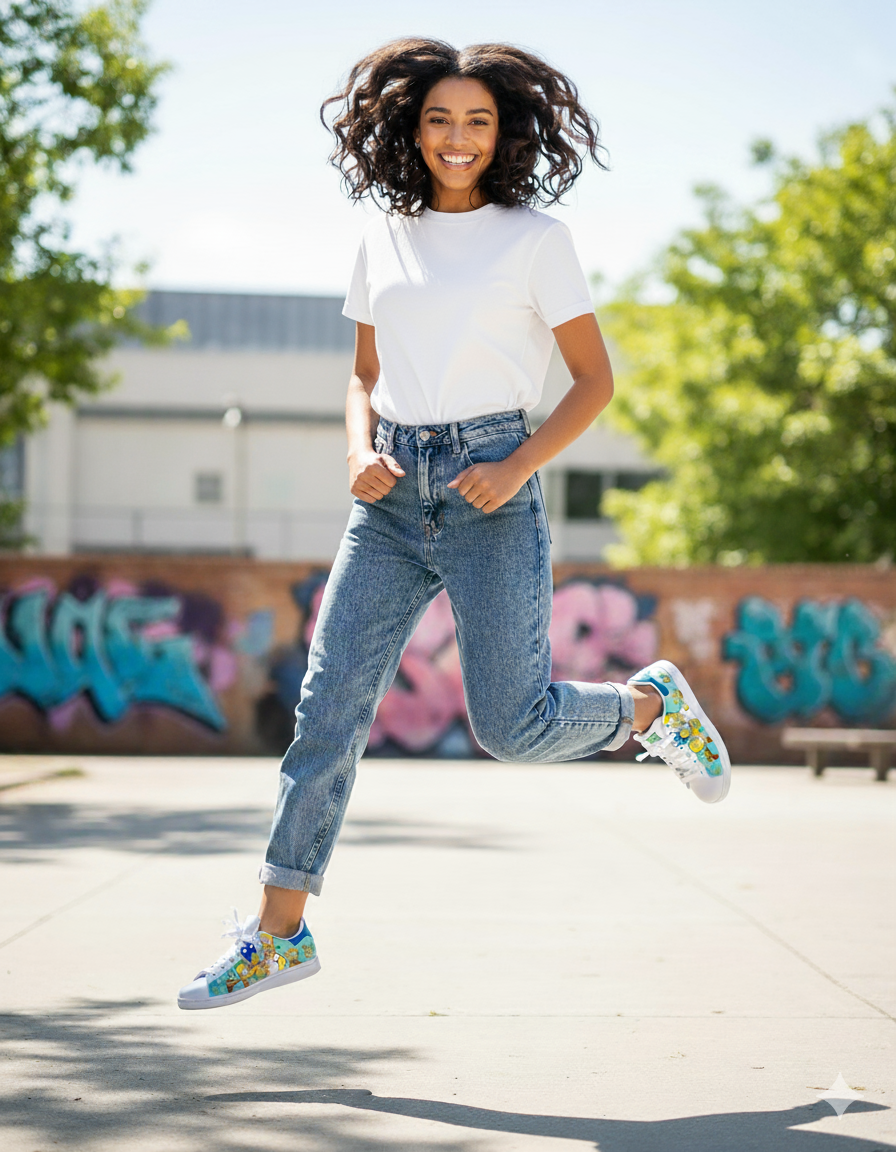 ragazza che salta con un paio di custom ai piedi