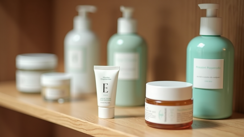 Eye-level view of hormone-safe skincare products arranged on a wooden shelf