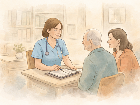 Pflegefachkraft für Praeventionsgespräch mit Patient und Angehörigen