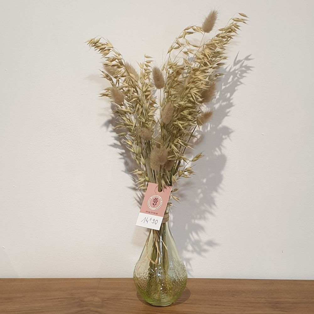 Composition soliflore jaune et fleurs séchées