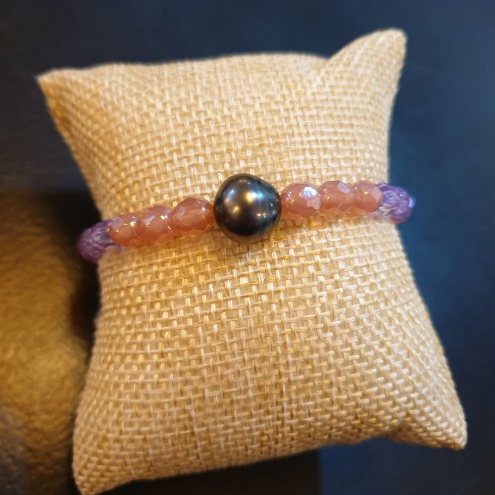 Bracelet perle de Tahiti et perles de verre (rose)