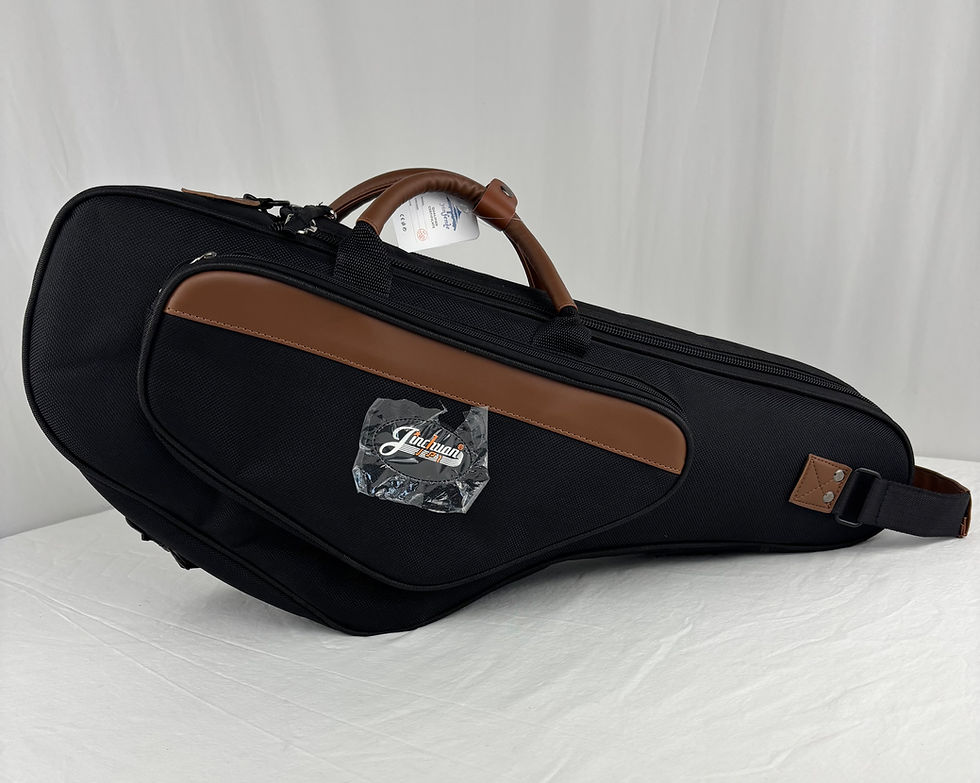 Front view of a sleek black padded alto saxophone case with a durable carry handle and a spacious exterior accessory pocket.