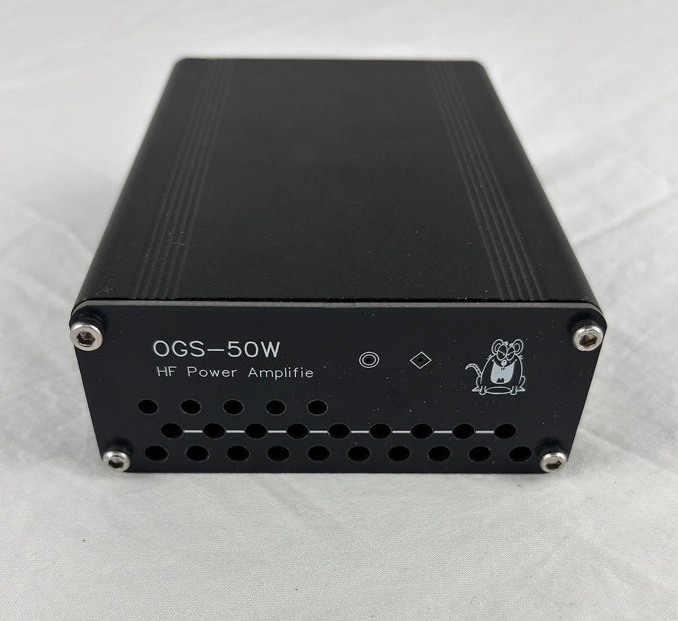 Front view of a black anodized aluminum OGS-50W HF Power Amplifier showing faceplate text layout and ventilation holes.