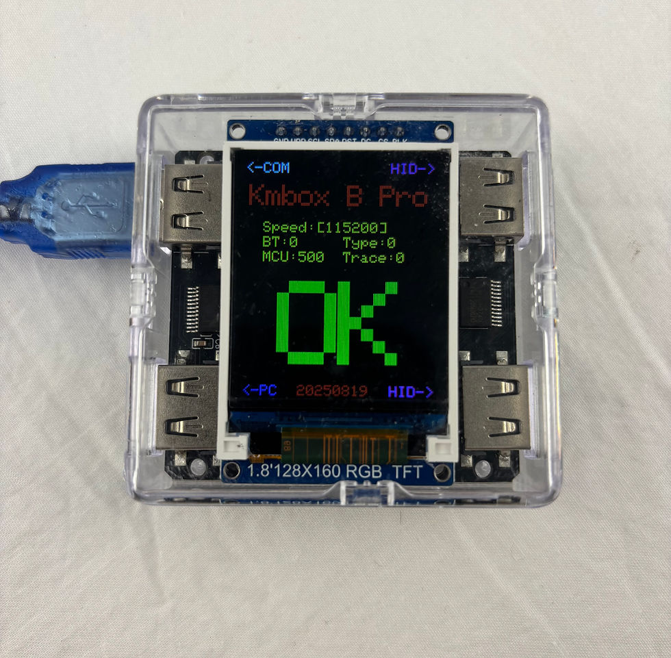 Kmbox B Plus Pro hardware controller with onboard display screen and USB ports, top view