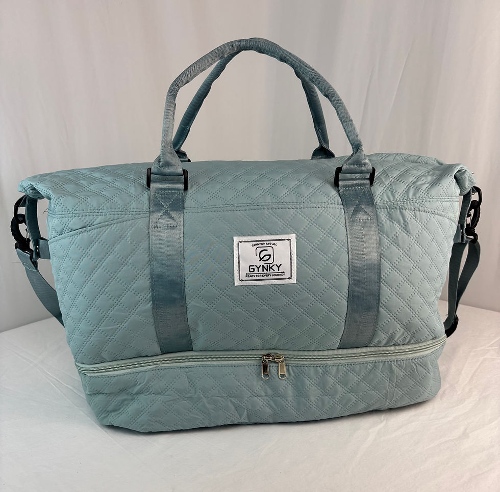 Front view of a sleek Gynky travel duffle bag for women showing its premium exterior fabric, durable top handles, and organiz