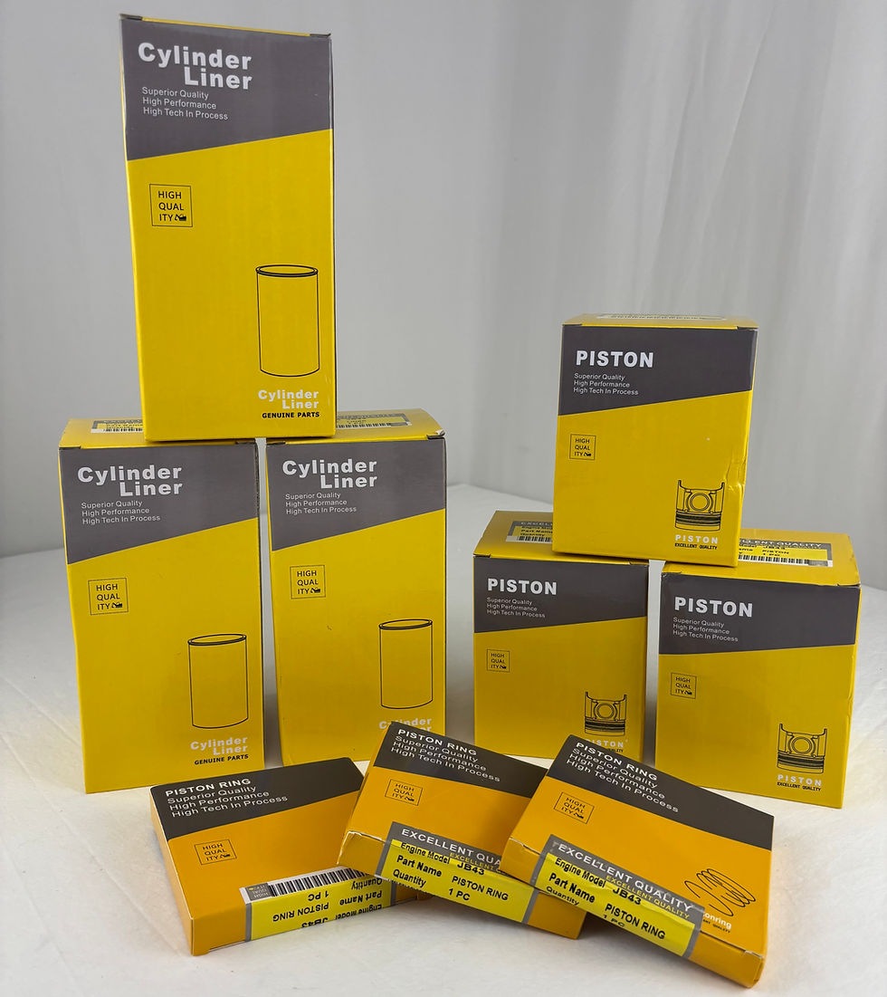 Boxed 3-pack engine overhaul kit containing cylinder liners, pistons, and ring sets for JB43 engine model