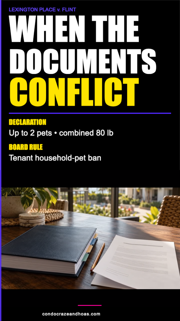 Final episode graphic: When the documents conflict. Illustration of a condominium declaration beside a separate board rule