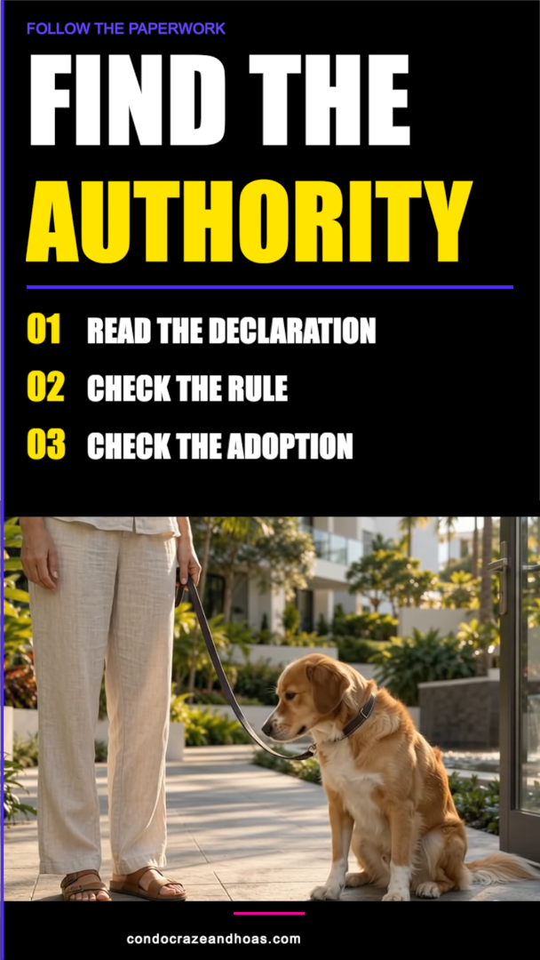 Final episode graphic: Find the authority. Illustration of a resident walking a leashed dog through a condominium courtyard