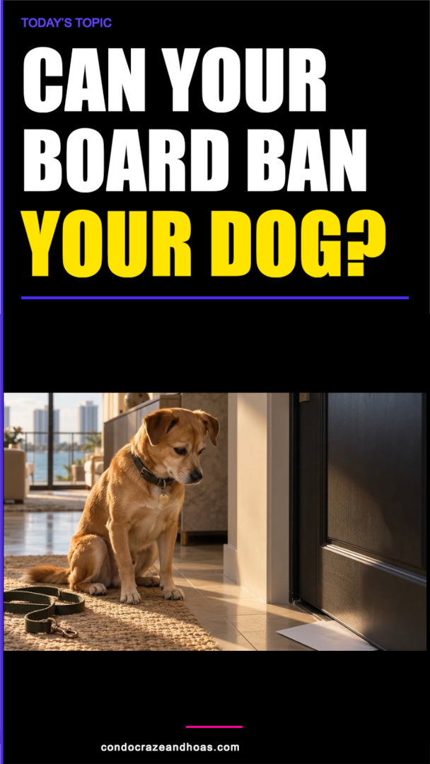 Final episode graphic: Can your board ban your dog?. Illustration of a dog waiting beside a condo door, leash and envelope