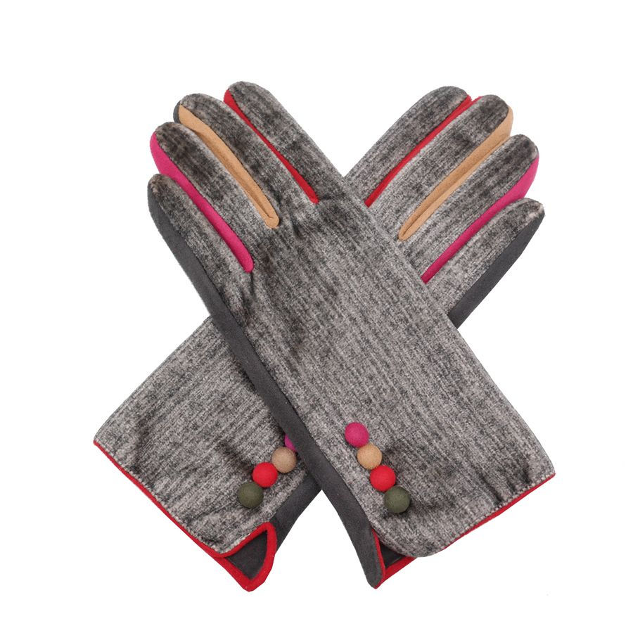 Grey Velvet Effect Gloves with Colour Fingers
