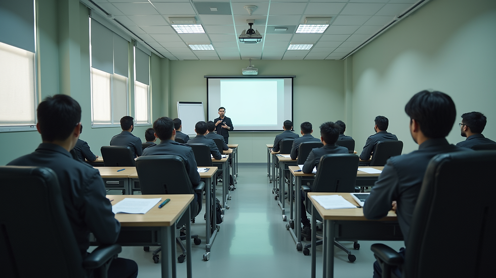 High angle view of a classroom with trainees engaged in emergency preparedness training