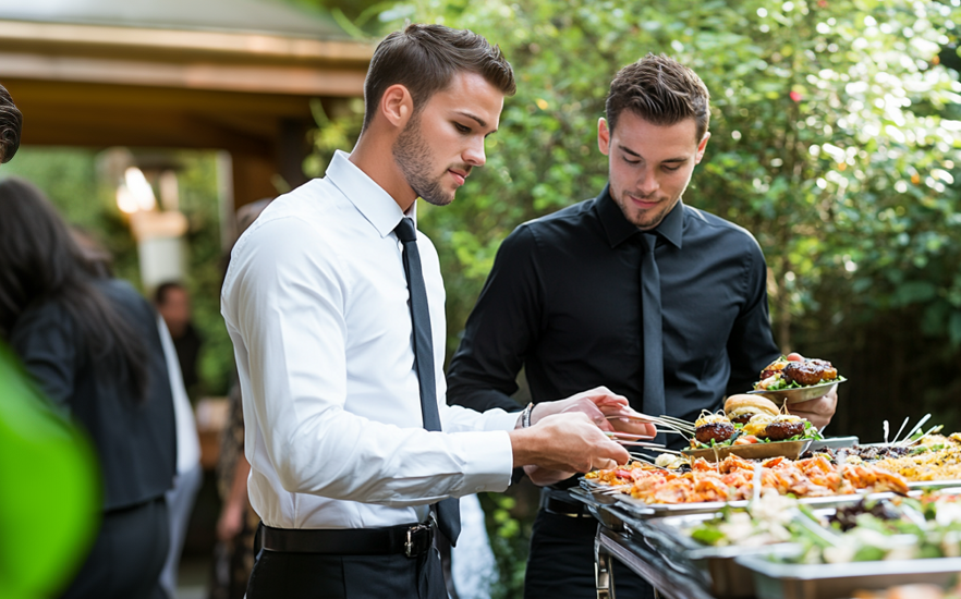 Professional food and buffet servers assisting guests at an outdoor catered event in Las Vegas, serving plated dishes from a buffet station. The image shows trained buffet attendants coordinating food service, managing guest flow, and maintaining presentation during a private reception. This setup reflects experienced buffet attendants in Las Vegas who handle high-volume service with precision. Ideal for clients looking to hire buffet servers for corporate events, weddings, and upscale gatherings where timing, cleanliness, and guest experience matter.