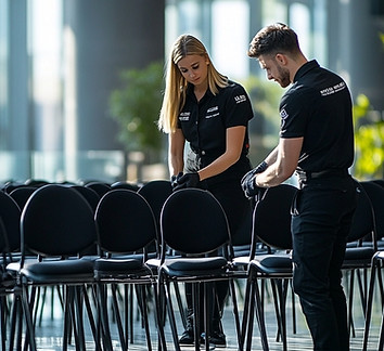 Venue preparation crew arranging seating and preparing event spaces before a Los Angeles corporate event. The team supports event floor setup, guest area organization, and pre-event logistics to ensure the venue is fully prepared for attendees, presentations, and scheduled event activities.
