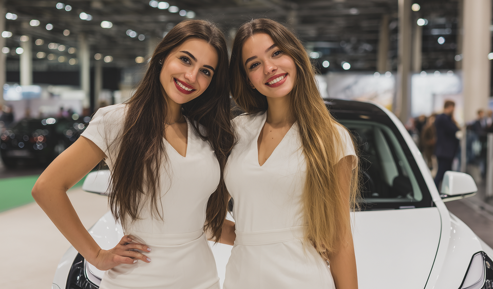 Promotional models posing at a Los Angeles auto show event, supporting luxury vehicle presentations, branded photo opportunities, and entertainment marketing campaigns for automotive expos in LA