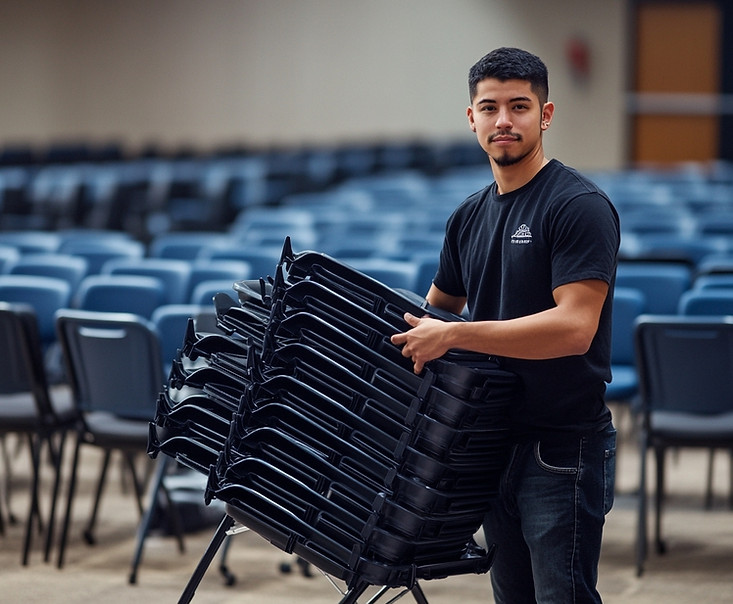 Professional setup and breakdown staff in San Francisco transporting chairs and preparing a conference venue before guest arrival, supporting event setup, furniture installation, venue preparation, event logistics, and production operations for conferences, conventions, corporate meetings, trade shows, and business events.