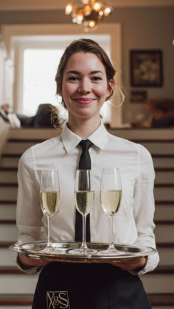 Professional wait staff member serving champagne during a San Francisco startup networking reception, providing guest hospitality support for a fast-paced SaaS industry event with structured beverage service and polished attendee interaction.