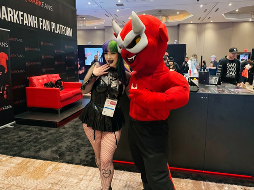 Mascot performer and alternative promo model interacting with attendees at AVN Expo in Las Vegas during an experiential adult convention brand activation. Interactive booth entertainment at a Las Vegas adult expo featuring crowd engagement, social-media-friendly convention staffing, cosplay-inspired promo staff, and experiential marketing support for high-traffic trade show environments in Las Vegas.