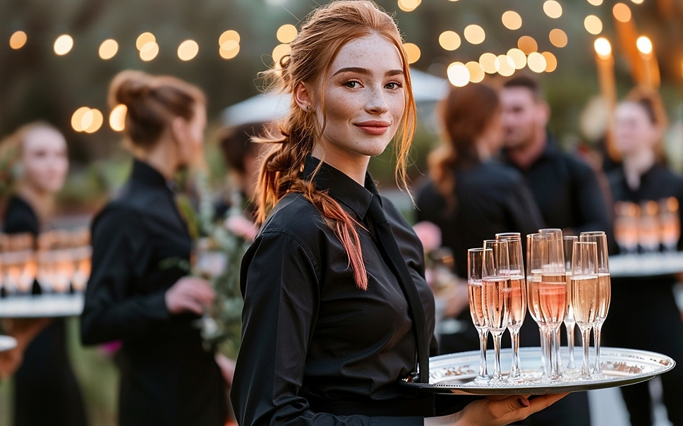 Professional food and drink server at an outdoor evening event in Las Vegas, carrying a tray of champagne flutes during a private reception. The image shows experienced wait staff providing attentive service for guests in a high-end setting with warm lighting and coordinated uniforms. This photo represents reliable food and drink servers in Las Vegas available for weddings, corporate events, and private parties. Ideal for clients looking to hire servers in Las Vegas who understand guest flow, timing, and premium service standards.