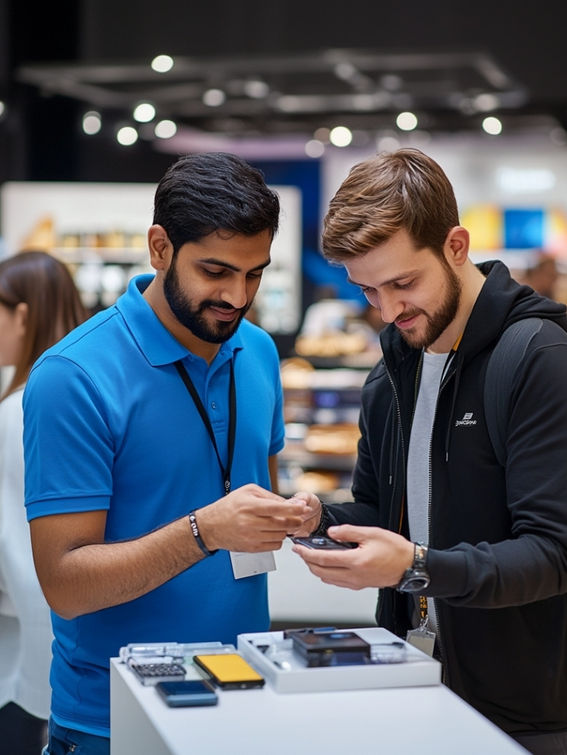 Brand specialist for trade shows in Los Angeles working at a modern exhibition booth, assisting attendees with hands-on product interaction and real-time brand support. Two professional brand specialists demonstrate product features, explain specifications, and guide visitors through purchase decisions during a Los Angeles trade show. This image represents experienced brand specialists for trade shows in Los Angeles, trained in customer engagement, product education, lead qualification, and brand storytelling for high-traffic convention environments and B2B exhibitions.
