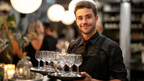 Professional event server in San Francisco carrying a tray of wine glasses at a cocktail reception, showcasing proper staffing ratios for high-end San Francisco events.