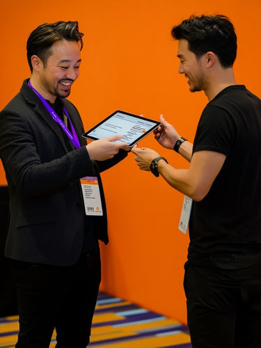 Las Vegas conference badge verification staff using a tablet to validate digital attendee credentials during conference entry. Professional badge verification team confirms registration details, scans digital passes, and ensures secure access to event zones. Conference staff in Las Vegas supporting efficient badge verification, real-time guest validation, and smooth attendee flow for corporate conferences, tech summits, and large-scale industry events where speed, accuracy, and access control are critical.