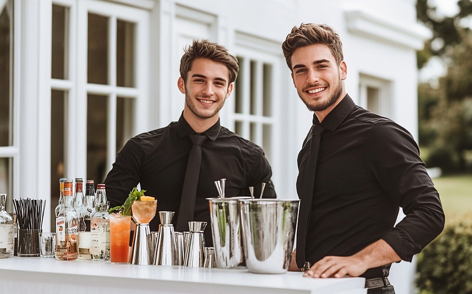Las Vegas event model servers and bartenders working a refined outdoor private event, featuring two professionally styled male bartenders behind a mobile cocktail bar. The image highlights Las Vegas event model staff trained to serve as bartenders and servers for upscale receptions, private parties, corporate gatherings, and luxury brand events. Their clean presentation, confident posture, and bar-ready setup reflect a balance of hospitality, visual appeal, and efficient service that supports guest experience without disrupting the atmosphere.
