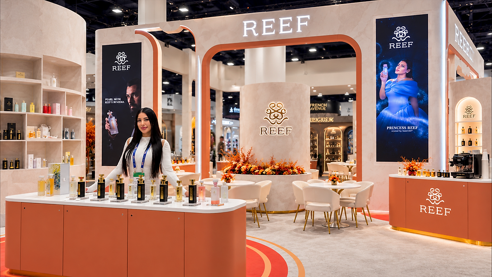 Trade show promo model representing a fragrance brand at a perfume booth during ASD Market Week in Las Vegas, welcoming attendees and supporting product displays. Professional Las Vegas trade show staff help exhibitors attract attention, engage visitors, and represent their brand on the show floor.