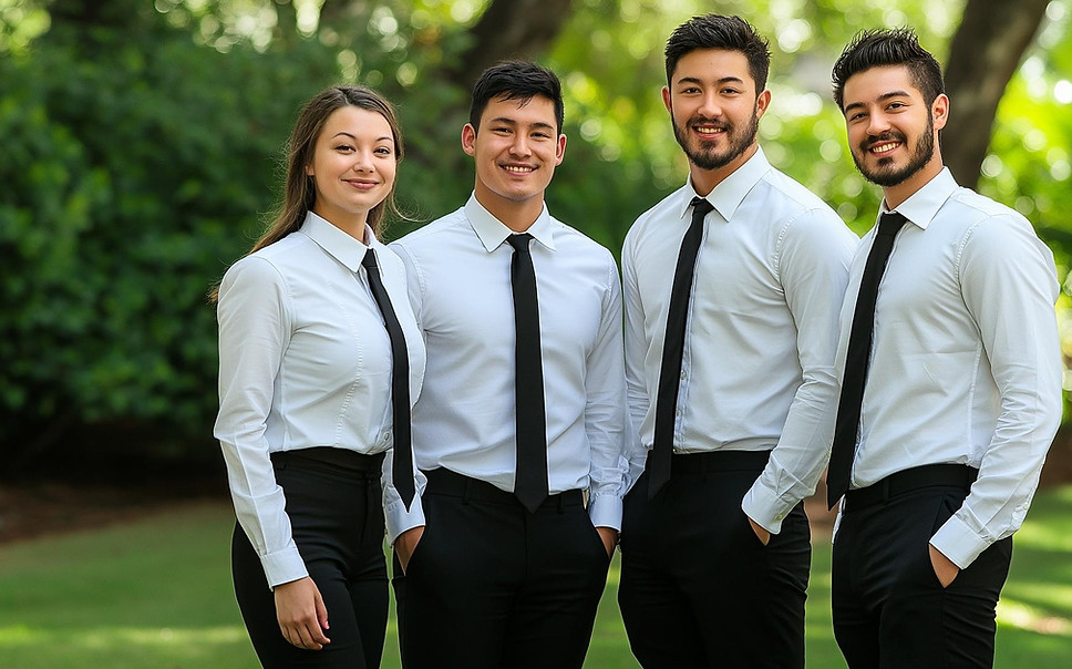 Professional event team leaders in Las Vegas standing together on-site, representing experienced leadership for staffed corporate and private events. This image shows why planners hire event leaders in Las Vegas to coordinate crews, manage schedules, supervise service standards, and support event managers during live operations. Event team leaders handle staff direction, guest-facing flow, and real-time problem solving, ensuring consistency, accountability, and smooth execution across conferences, galas, brand activations, and large-scale productions.