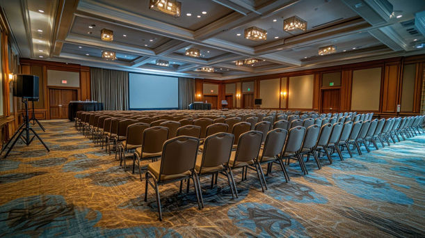 Las Vegas event setup & breakdown staff preparing a large conference ballroom with theater-style seating, aligned rows of chairs, stage sightlines, and audiovisual placement. This image represents professional Las Vegas event setup & breakdown staff managing room layout accuracy, spacing compliance, and efficient breakdown after conferences, seminars, and corporate meetings. The setup team ensures fast installation, clean teardown, and smooth transitions between sessions while coordinating with venue staff and production teams.