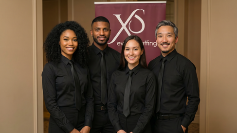 A diverse team of professional XS Event Staff in San Francisco, including servers, corporate hosts, and event managers, ready for a high-end Bay Area event.