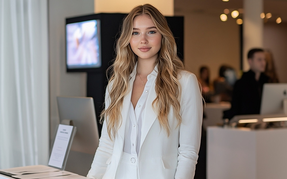 Las Vegas event model hosts and greeters positioned at a modern registration desk during a high-end corporate or brand event. The image features a professionally styled female event model wearing a tailored white outfit, representing Las Vegas event model staff trained for guest reception, check-in, and front-of-house roles. Her calm expression, polished appearance, and attentive posture reflect the role of hosts and greeters who manage first impressions, guide attendees, and support event flow at conferences, product launches, galleries, and upscale private events.
