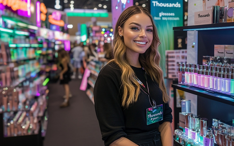 Professional Los Angeles product demonstrator at a busy trade show booth, presenting and explaining cosmetic products to attendees. Experienced product demonstrator in Los Angeles engaging visitors, showcasing brand features, answering questions, and driving interaction at a high-traffic expo environment. Ideal example of Los Angeles product demonstrators for trade shows, expos, conventions, and brand activations, representing products with confidence, sales focus, and polished presentation as part of professional Los Angeles trade show staff.