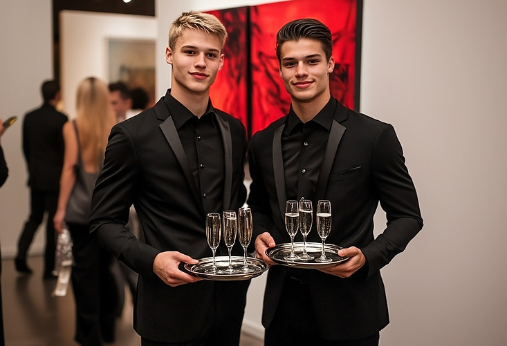 Las Vegas event model staff captured during an upscale gallery-style reception, featuring two professionally dressed male servers holding trays with champagne flutes. The image reflects polished event model staff supporting luxury environments as servers, bartenders, hosts, and atmosphere models. These Las Vegas event models contribute to guest flow, visual balance, and refined hospitality at corporate events, art openings, brand receptions, and private functions where presentation, composure, and guest-facing confidence are essential to the overall event experience.