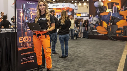 Trade show staff in Los Angeles engaging attendees at an exhibition booth during a busy convention