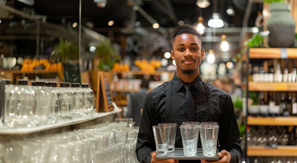 Professional busser supporting hospitality operations at a Las Vegas event venue. Service support staff responsible for glassware management, table resetting, dining area upkeep, and maintaining smooth guest service flow during receptions, gala dinners, corporate functions, and catered events.