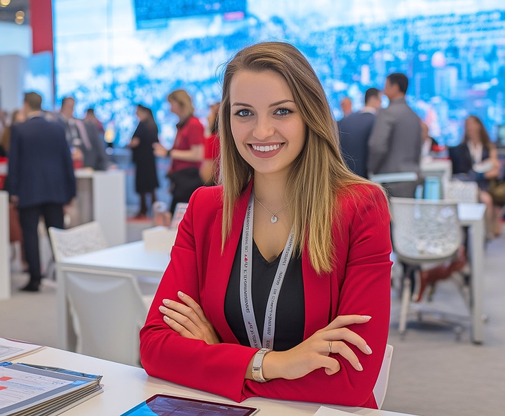 Product specialist presenting solutions and answering attendee questions at a Las Vegas convention, helping educate prospects, explain product features, support qualified conversations, and strengthen exhibitor engagement during a large industry trade show.