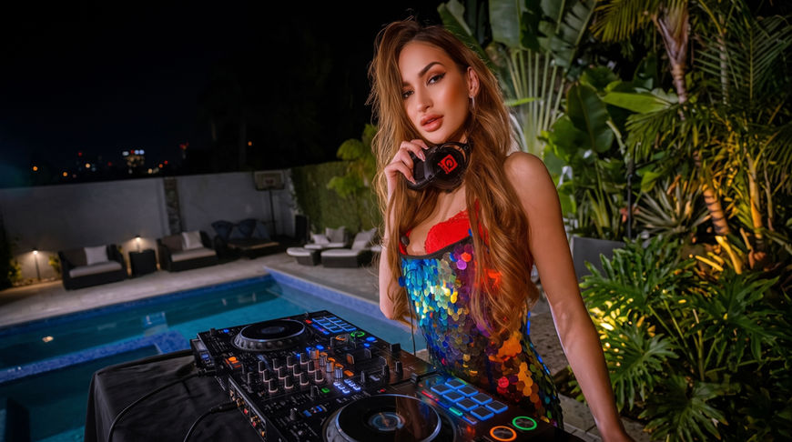 A private party DJ in Los Angeles performs beside a luxury pool at an upscale evening celebration using professional DJ equipment. Pool party DJ services provide live music and entertainment for private events, VIP gatherings, cocktail parties, birthday celebrations, luxury villa events, and outdoor receptions throughout Los Angeles.