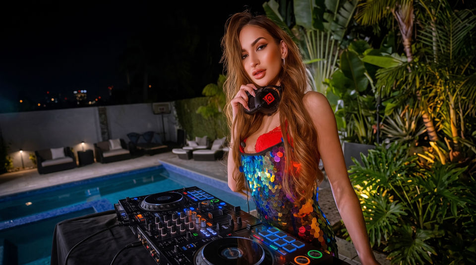 A private party DJ in Los Angeles performs beside a luxury pool at an upscale evening celebration using professional DJ equipment. Pool party DJ services provide live music and entertainment for private events, VIP gatherings, cocktail parties, birthday celebrations, luxury villa events, and outdoor receptions throughout Los Angeles.