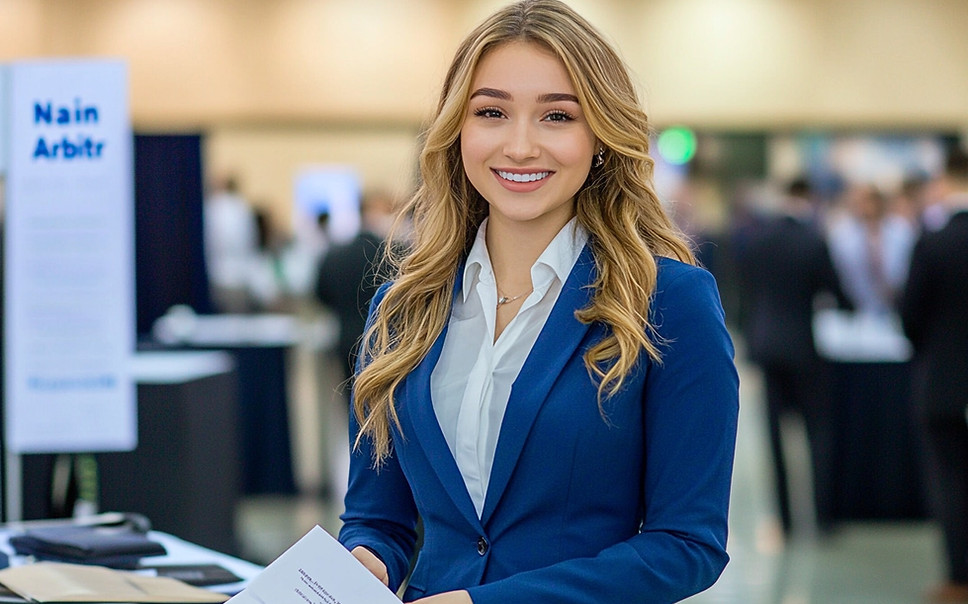Professional brand specialist representing a company at a trade show in Los Angeles, standing confidently at an exhibition booth with marketing materials and event signage. This image showcases experienced Los Angeles brand specialists working as part of trade show staff, supporting product education, lead generation, and attendee engagement. Ideal example of Los Angeles trade show staffing, brand ambassadors, booth hosts, and promotional staff providing knowledgeable brand representation, clear communication, and polished guest interaction at corporate expos, conventions, and industry events.
