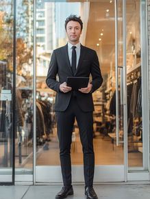Las Vegas event model host standing at the entrance of a retail-style venue, greeting guests and managing arrival flow during a professional event. This image highlights Las Vegas event greeter staff positioned at front-of-house locations, responsible for welcoming attendees, directing foot traffic, and supporting brand representation at corporate events, product launches, and private functions. Event model hosts maintain polished appearance, confident posture, and clear communication, ensuring smooth guest entry and a strong first impression aligned with brand standards.