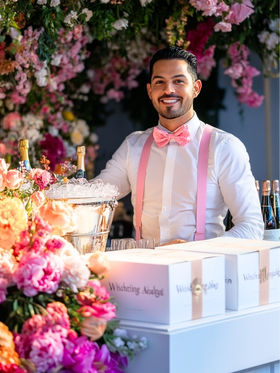 Las Vegas event model bartender working behind a custom floral bar display at a luxury brand event. The image shows a professionally styled bartender wearing coordinated attire while presenting champagne and premium beverages in an elegant activation environment. This event model bartender supports both service flow and visual branding, enhancing guest experience at upscale Las Vegas events, corporate receptions, private celebrations, and experiential marketing activations where presentation, hospitality, and atmosphere are equally important.