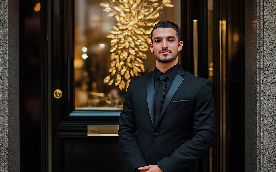 doormen and concierge staff in San Francisco providing luxury guest arrival service at upscale venue entrance, professional doorman San Francisco for VIP events, hotel concierge staffing, private parties, red carpet access control, guest assistance, and high-end hospitality support in the Bay Area
