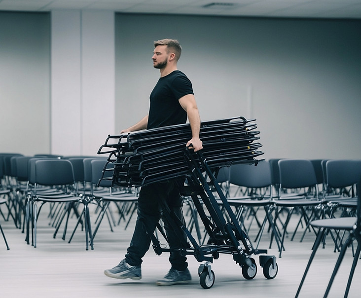 Event installation crew transporting seating equipment and preparing venue layouts before a Los Angeles corporate event. Supporting event setup operations, the team assists with furniture placement, room configuration, and venue preparation to ensure the space is ready for attendees and scheduled programming.