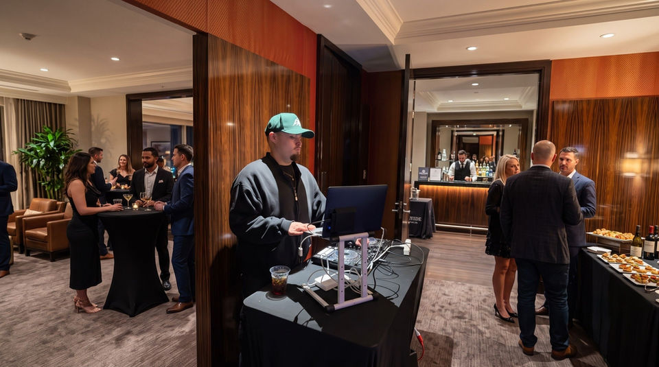 A corporate event DJ in Los Angeles provides live background music during a hotel networking reception while guests socialize over cocktails. Corporate DJ services create the ideal atmosphere for executive networking events, business receptions, company parties, conferences, client appreciation events, and luxury hotel gatherings.