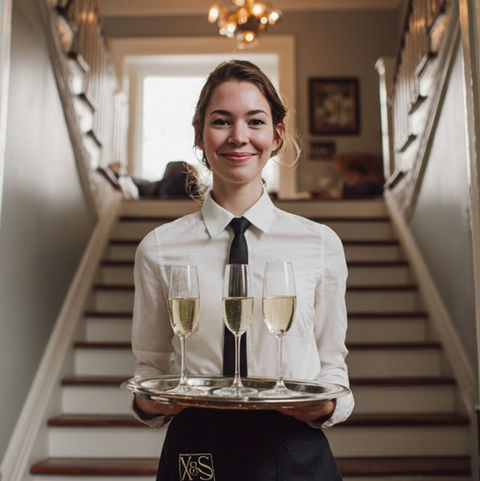 Professional drinks server carrying a tray of champagne glasses during a private event in Las Vegas. Hospitality staff member providing beverage service and guest-facing support for VIP receptions, executive dinners, cocktail parties, and luxury residential events.