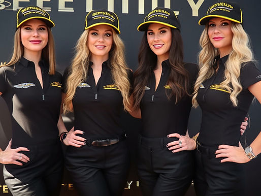 Four professional female event staff in coordinated black uniforms and branded caps, posing at a Las Vegas corporate event. Example of affordable event staffing in Las Vegas, delivering professional brand ambassadors who combine style, approachability, and skill for trade shows, conventions, and promotional activations while staying within budget without compromising on quality or guest experience.