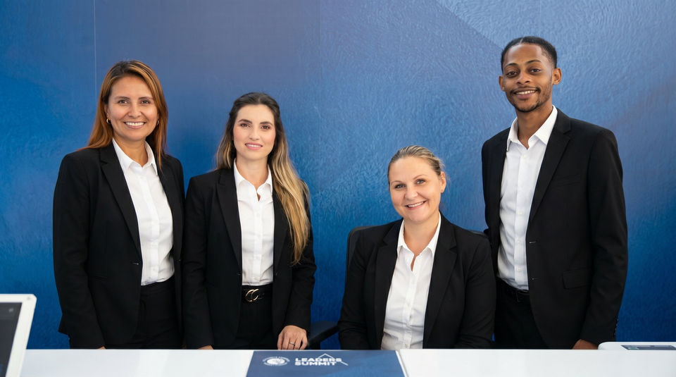 Business conference registration staff in San Francisco assisting attendees with event check-in, registration desk support, and conference badge distribution.