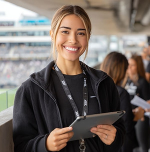 Event logistics coordinator using a digital tablet to support event operations at a Los Angeles corporate event. Assisting with schedules, attendee needs, and real-time coordination, the staff member helps ensure smooth event execution and operational readiness throughout the venue.