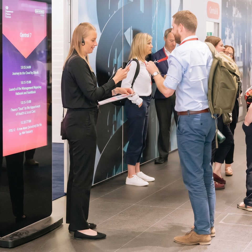 QR code badge verification staff at Moscone Center San Francisco assisting attendees with conference entry, digital check-in, and guest access control for tech events.