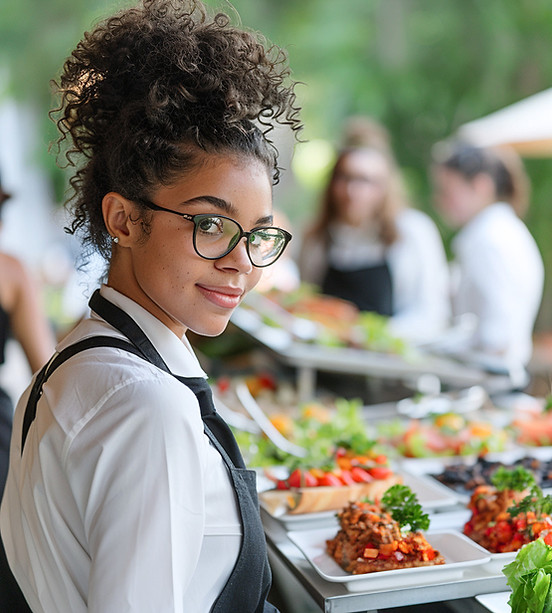 Buffet attendant in Los Angeles setting up food station at outdoor event